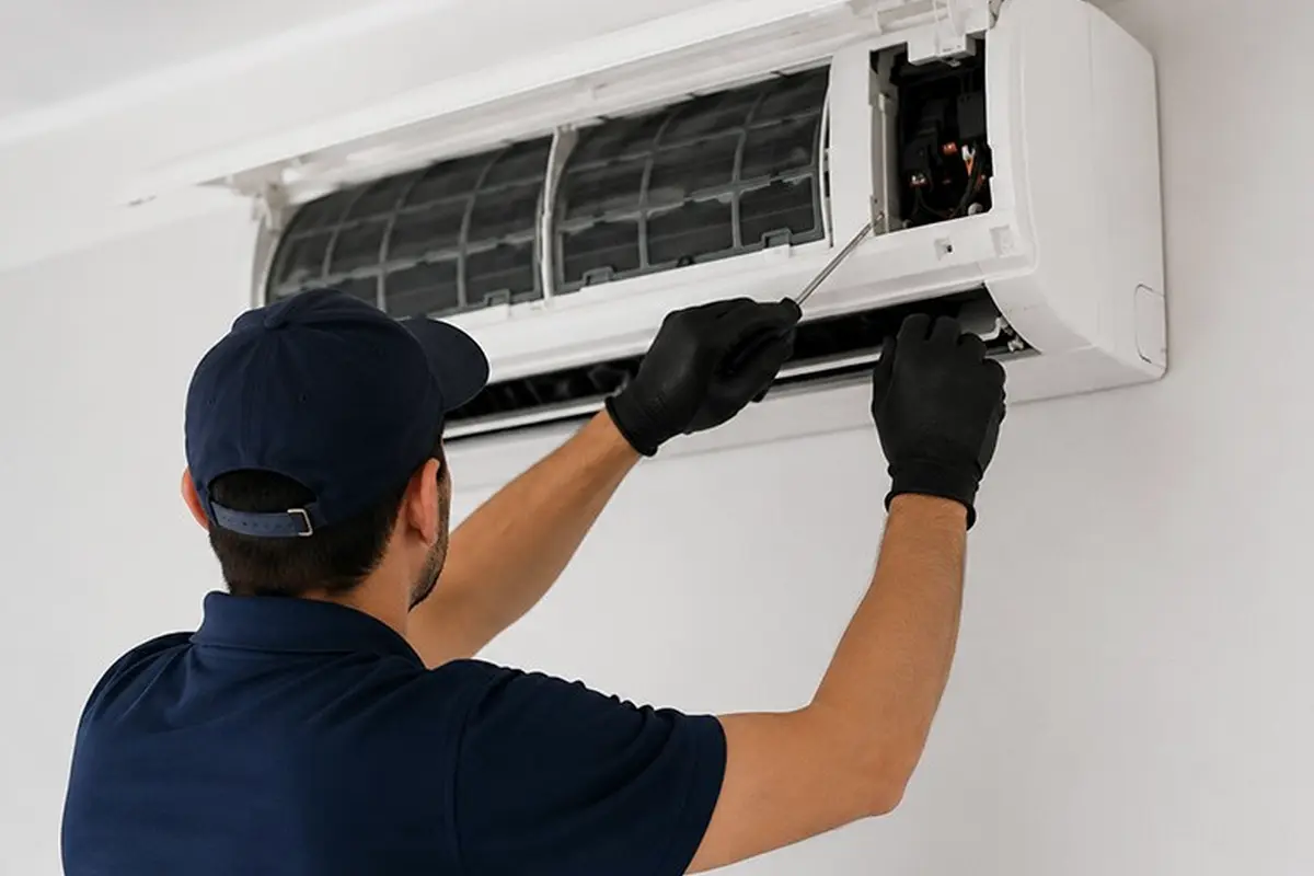 Central AC Repair San Bruno CA — AC technician servicing an outdoor condenser unit