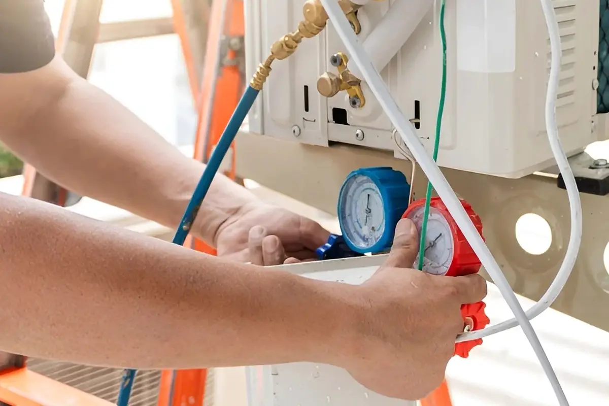 AC Refrigerant Leak Repair San Bruno CA — technician checking refrigerant gauges on an AC system