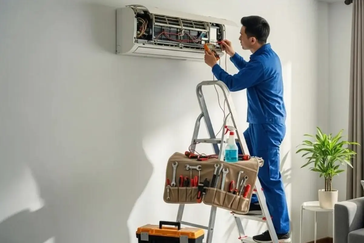 AC Blower Motor & Fan Repair in Capuchino San Bruno CA — technician working on a residential AC system