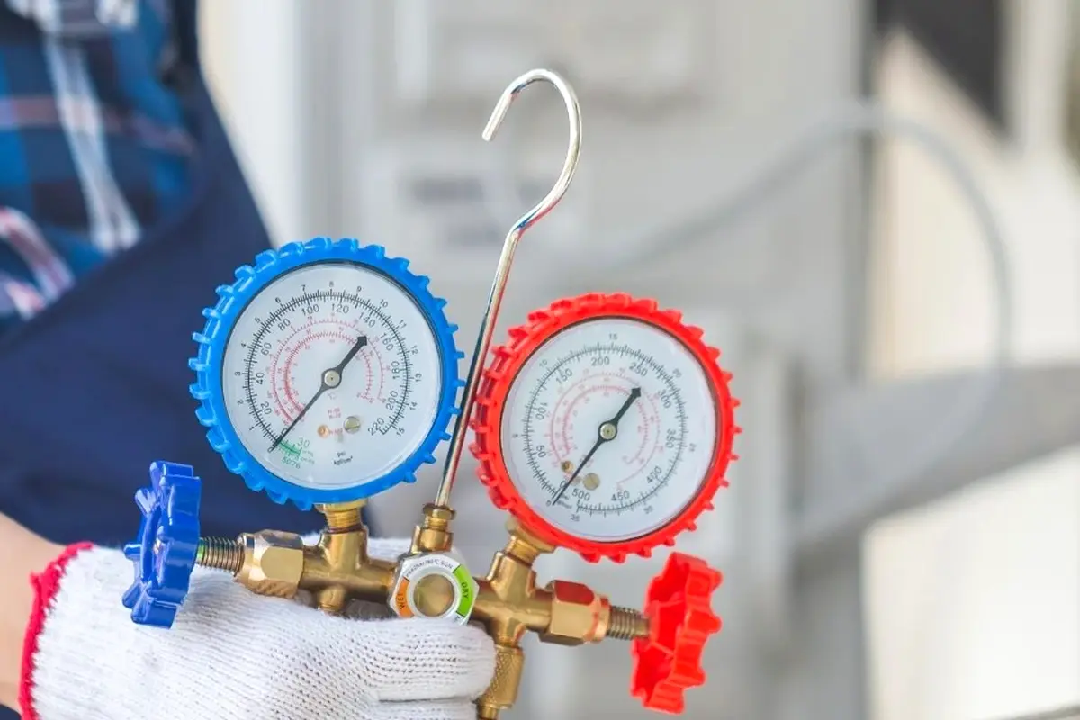 AC Blower Motor & Fan Repair in Portola Highlands San Bruno CA — refrigerant gauges during AC service