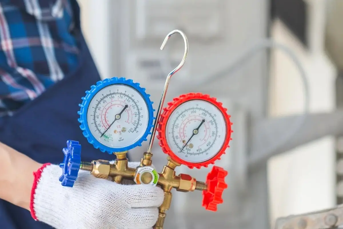 AC Capacitor & Contactor Replacement in San Bruno Park San Bruno CA — refrigerant gauges during AC service