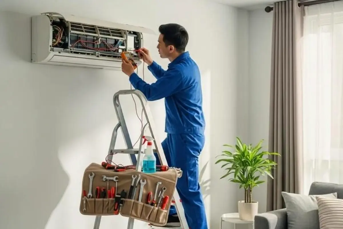 Reparación y Reemplazo de Compresor de AC en Belle Air Park San Bruno CA — técnico trabajando en un sistema de AC residencial