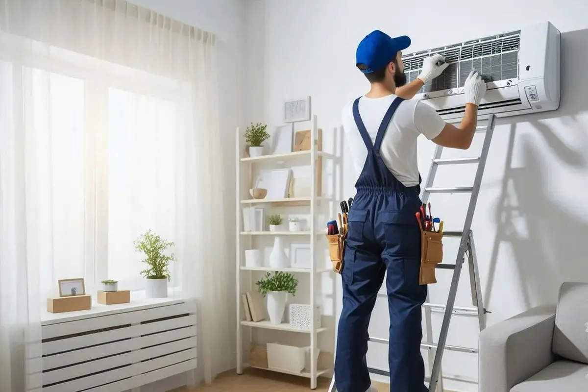 Reparación de Fugas de Refrigerante de AC en San Bruno Park San Bruno CA — técnico trabajando en un sistema de AC residencial