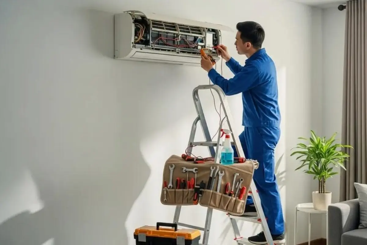 Central AC Maintenance & Tune-Up in Belle Air Park San Bruno CA — technician working on a residential AC system