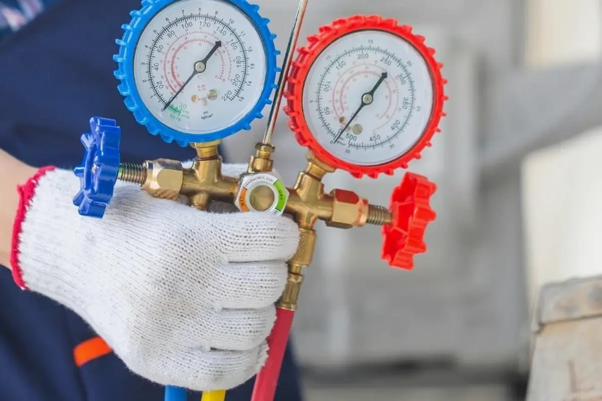 Central AC Maintenance & Tune-Up in Belle Air Park San Bruno CA — refrigerant gauges during AC service