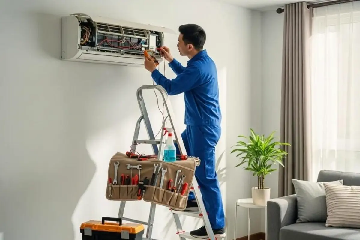 Thermostat Repair & Replacement in Belle Air Park San Bruno CA — technician working on a residential AC system