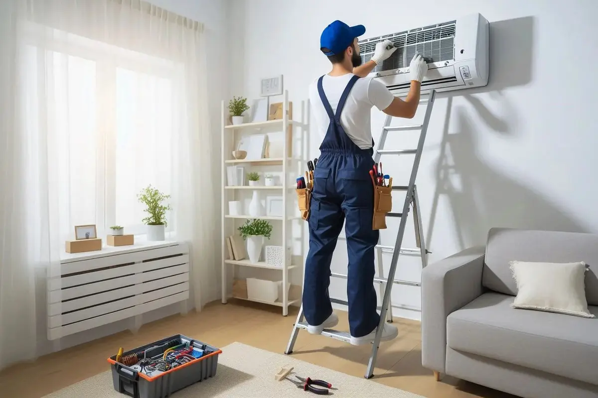 Thermostat Repair Replacement San Bruno CA — technician working on a residential AC system
